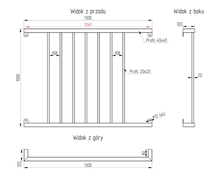 dane techniczne balustrady francuskiej SB-13/7
